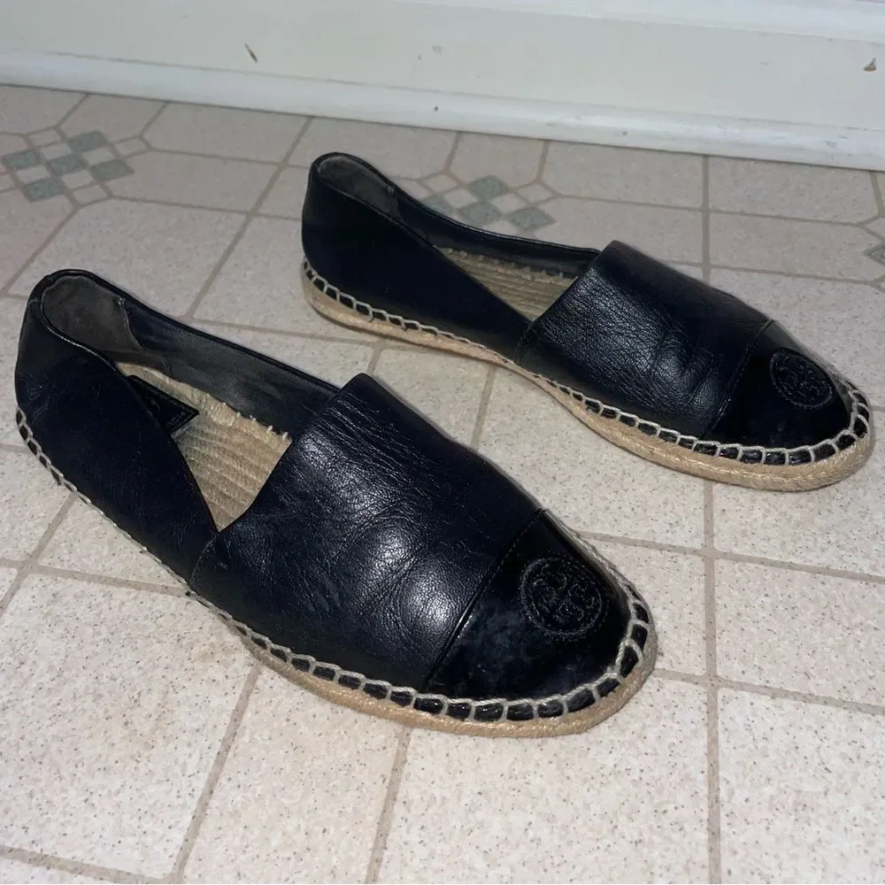 Tory Burch Black Leather Logo Cap Toe Espadrille Flats Women Size 6.5 ColorBlock